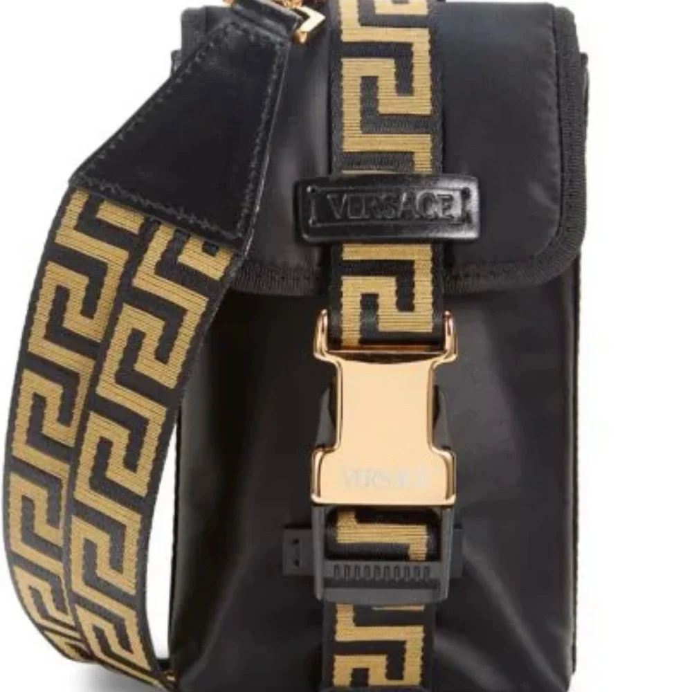 VERSACE LANYARD PHONE CASE WITH MINI SHOULDER/ NECK LOGO GRECA PATTERN STRAP